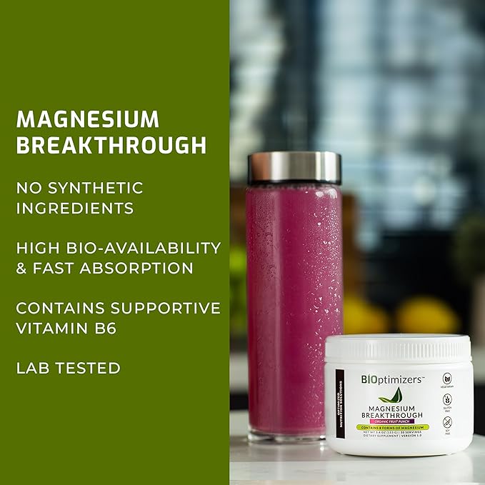 BiOptimizers Magnesium Breakthrough Drink Fruit Punch - 8 Forms of Magnesium: Glycinate, Malate, Citrate, and More - Natural Sleep and Brain Supplement – 5.4 oz (30 Servings)