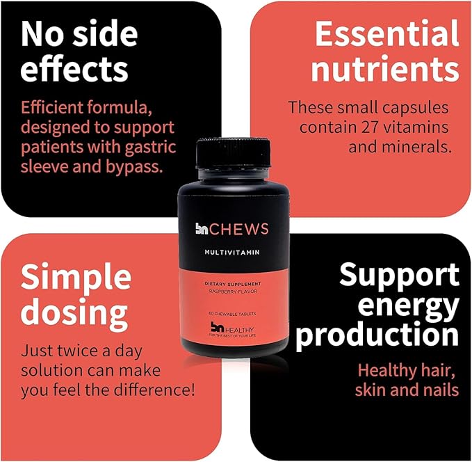 BN Chews Raspberry - Bariatric Multivitamin Chewable with 26 Essential Nutrients: Vitamins A, B6, B12, C, D3, 45 mg Iron & Calcium, Supports Men & Women Health(2 Pack)