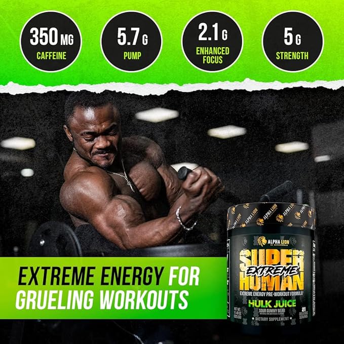 ALPHA LION Superhuman Extreme Pre Workout Powder, Beta Alanine, L-Taurine & Tri-Source Caffeine for Sustained Energy, Nitric Oxide & Citrulline for Pump (21 Servings, Sour Gummy Bear Flavor)