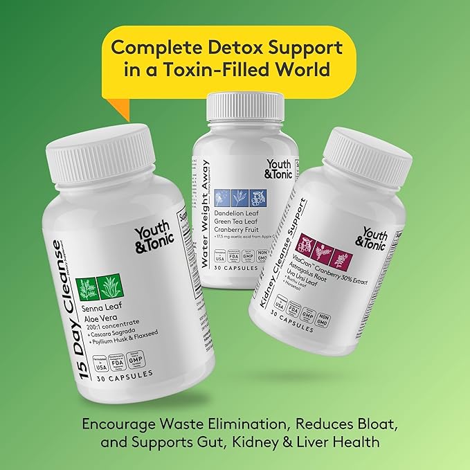 Youth & Tonic Diuretic Full Body Cleanse Detox Pills for Bloating, Puffiness and Swelling, System Flush for Colon, Kidney and Liver Detoxing, 30 Day Supply with Green Tea, Senna, Dandelion, Cranberry