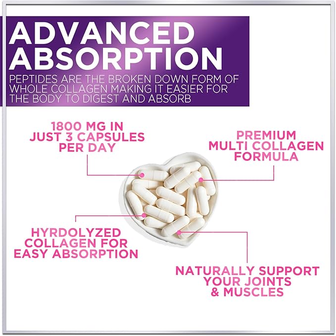 Collagen Peptides Powder Capsules for Women, 1800mg Hydrolyzed Collagen Type I, II, III, V & X, Hair, Nail, Skin, Bone & Joint Support, Collagen for Women & Men, Grass-Fed Collagen - 120 Capsules