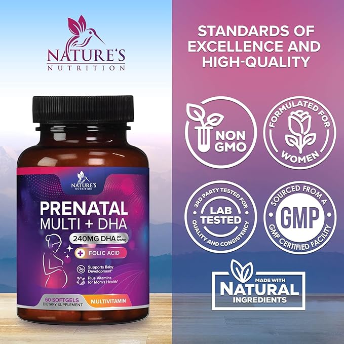 Women's Prenatal Multivitamin with Folic Acid + DHA, Prenatal Vitamin Supplement for Fetal Support w/Folate, Omega 3, Vitamins D3, B6, B12 & Iron, Pregnancy Prenatal DHA, Non-GMO - 60 Softgels