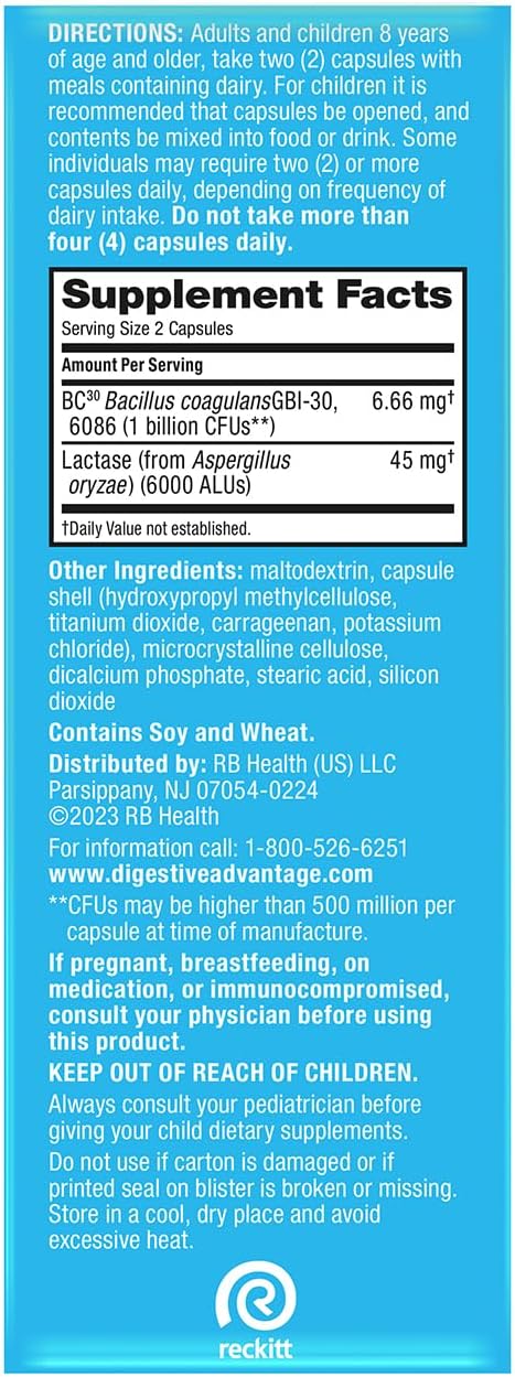 Digestive Advantage Lactose Defense with Lactase Enzymes & Probiotics for Digestive Health, Support for Breaking Down Lactose, Minor Abdominal Discomfort & Gut Health, 96ct Capsules (Pack of 4)