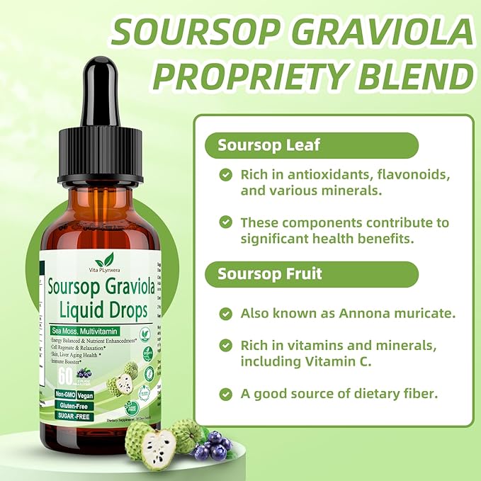 Soursop Graviola Liquid Drops, Soursop Extract Multivitamin Drops w. Sea Moss, Grape Seed, Super Concentrated Unrefined Soursop Oil Organic for Skin Immune Boost Detox, Soursop Bitters Liquid 2 Fl/Oz