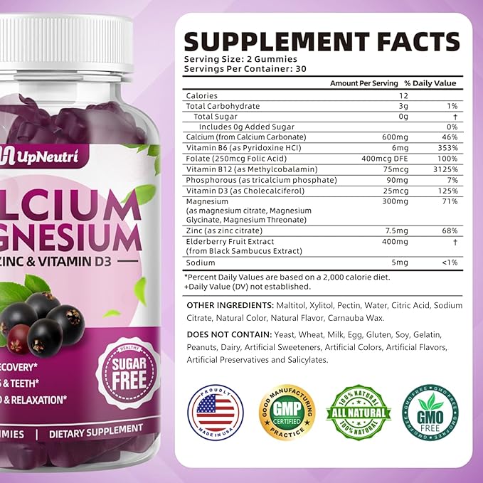 Calcium Magnesium Zinc with Vitamin D3 Supplement, Sugar Free Calcium Gummies for Women Men, High Absorption Zinc Gummies for Bone & Muscle & Immune Health, Vegan Elderberry Flavor - 120 Count