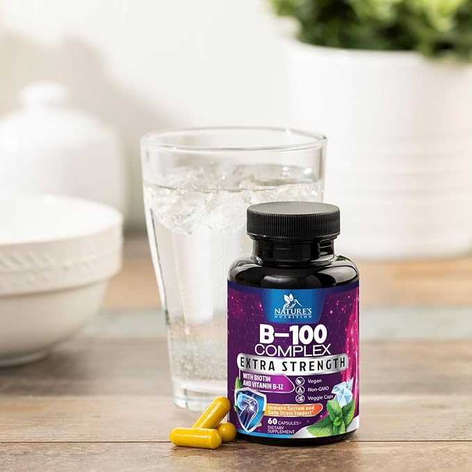Vitamin B Complex Capsules with Vitamins B1 B2 B3 B6 B12 B100 C Biotin Folate & Folic Acid - Supplement for Energy, Brain, & Immune Support - Super B Vitamin Complex for Women & Men - 60 Vegan Pills