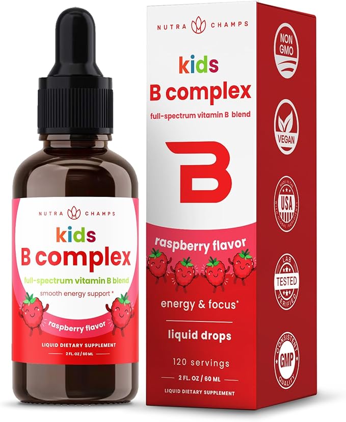 Vitamin B Complex for Kids | B1, B2, B3, B6, B7, B9 & Methyl B12 | Kids B Complex Liquid Drops Supplement | Energy, Focus, Metabolism | Vegan & Non-GMO | Natural Berry | 120 Servings | 4 Month Supply