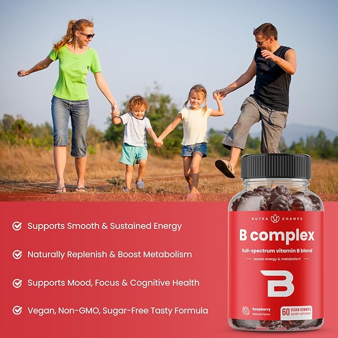 Vitamin B Complex Gummies | Vitamin B Gummies for Women, Men & Kids | Boosts Energy & Metabolism | B Complex Vitamins B1, B2 (Riboflavin), B3 (Niacin), B5, B6, B7 (Biotin), B9 (Folic Acid), Methyl B12
