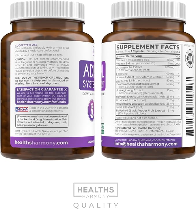 Adrenal System Support & Cortisol Manager (2 Month Supply) Powerful Ashwagandha & L-Tyrosine Fatigue Supplement - Maintain Balanced Cortisol Levels, Health, & Stress Relief - Non-GMO - 60 Capsules