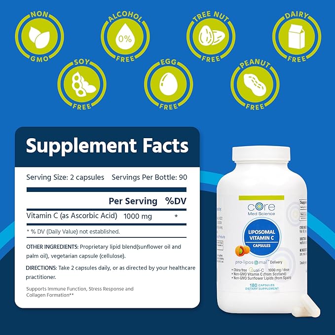 Core Med Science Liposomal Vitamin C 1000mg, 180 Capsules - Non-GMO Natural Liposomal Vitamin C Supplement That Promotes Healthy Skin - Immune System Booster for Adults, Supports Collagen Formation