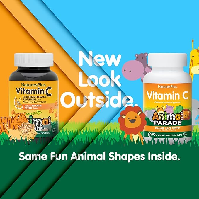 NaturesPlus Animal Parade Vitamin C Children's Chewable - Natural Orange Juice Flavor - 90 Animal-Shaped Tablets, Pack of 4 - Vegan, Vegetarian, Gluten Free - 180 Total Servings