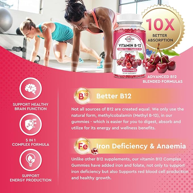 Vitamin B12 Gummies - 5000 mcg Methylcobalamin with Iron, Vitamin C, D3 & Folate, Energy Support and Metabolism, Immune, B-12 Complex Chewable Supplement for Men & Women, Vegan- 60 Count