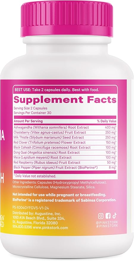 Pink Stork Ashwagandha, Maca Root, and Black Cohosh - Hormone Balance for Women - 9 Clinically-Studied Herbs for Perimenopause and Menopause - Hot Flashes, Mood Swings, Energy, 60 Capsules