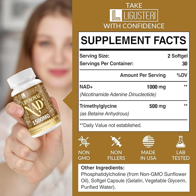 NAD Supplement 1500MG, Liposomal NAD+ Supplement with TMG, 98%+ Absorption, Pure NAD Plus, Non-GMO Aging Defense, Cellular Energy, Heart & Brain Function, Longevity, 120 Softgels