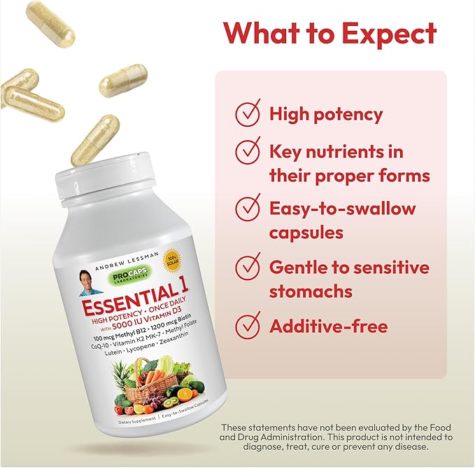 ANDREW LESSMAN Essential-1 Multivitamin 5000 IU Vitamin D3 360 Small Capsules – 100 mcg Methyl B12. CoQ10 Lutein Lycopene Zeaxanthin. High Potency. No Additives. Gentle Ultra-Mild. One Daily Capsule