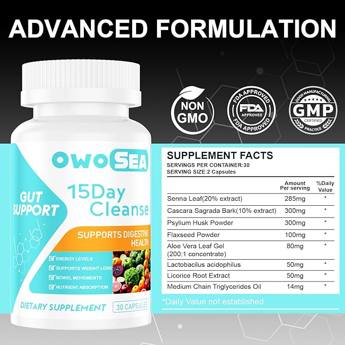 15 Day Cleanse Gut and Colon Support for Women & Men Colon Detox Cleanse Digestive Health Support Supplement Bloating Constipation Relief Boost Energy Daily Cleanse 30 Capsule