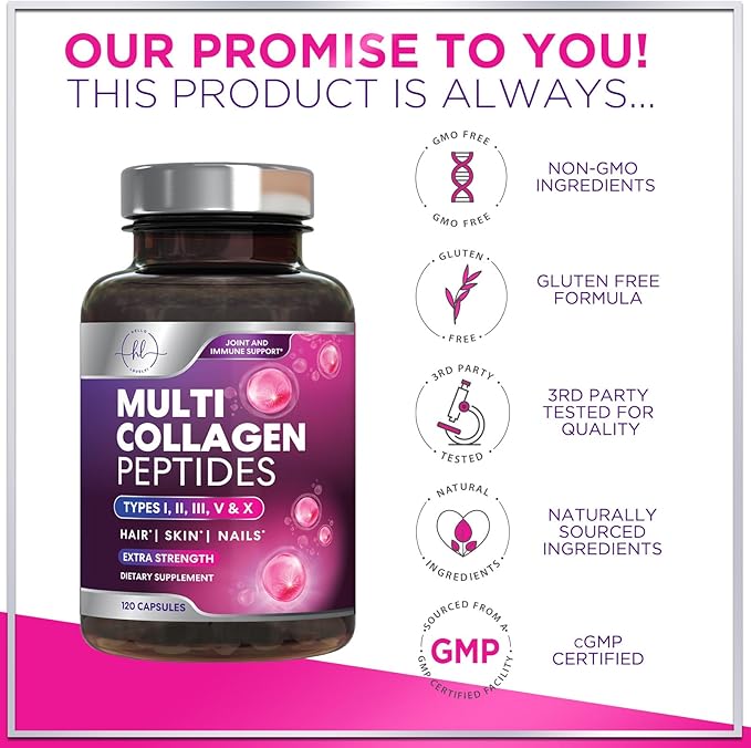 Collagen Peptides Powder Capsules for Women, 1800mg Hydrolyzed Collagen Type I, II, III, V & X, Hair, Nail, Skin, Bone & Joint Support, Collagen for Women & Men, Grass-Fed Collagen - 120 Capsules