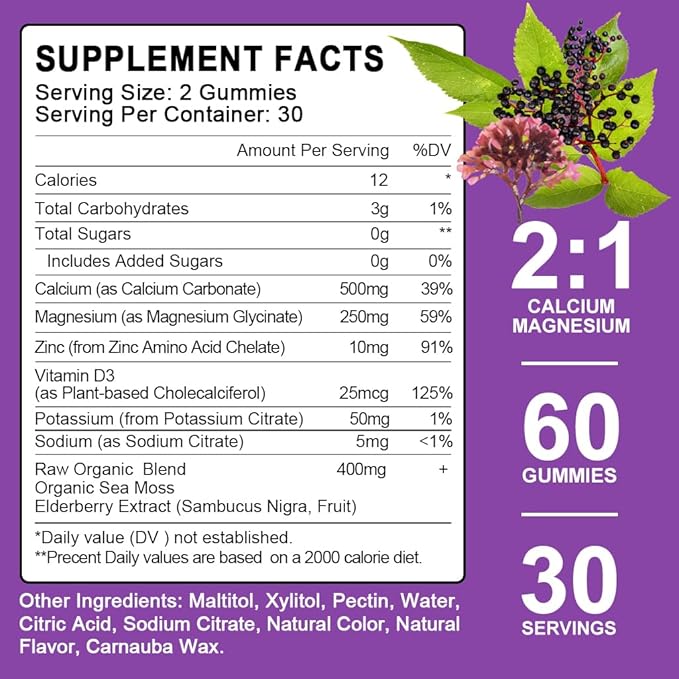 (2 Pack) Sugar Free Calcium Magnesium Zinc Gummies, Calcium Magnesium 2:1, Contains Magnesium Glycinate, Vitamin D3, Sea Moss, for Bones, Muscles, Calm Mood & Sleep Support, Vegan, 120 Gummies