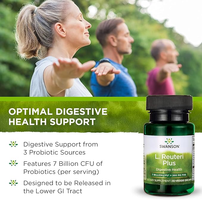 Swanson L. Reuteri Probiotic Plus w/L. Rhamnosus L. Acidophilus & FOS Prebiotic Digestive Support - Promotes Gut Health w/ 7 Billion CFU per Capsule - (30 Veggie Capsules) 2 Pack