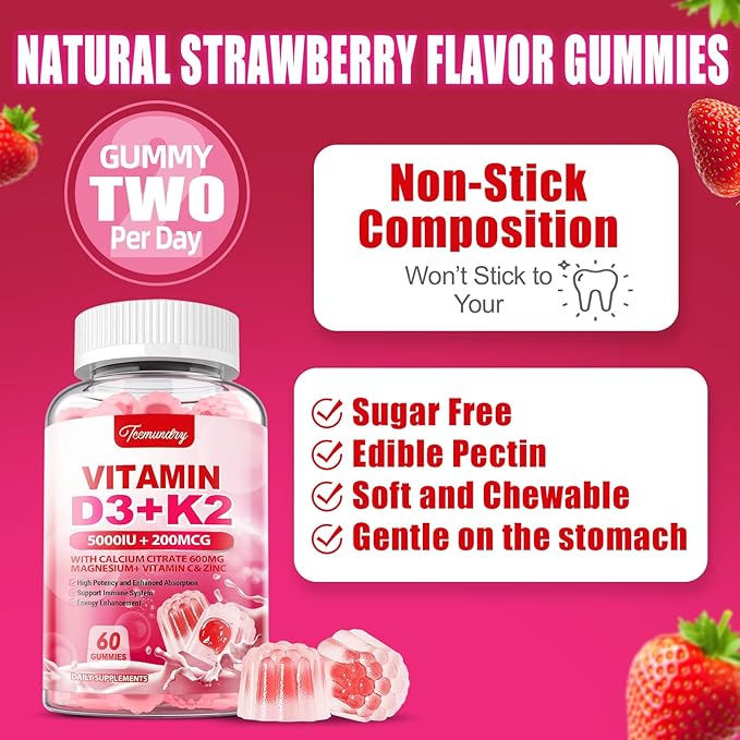 Vitamin D3 K2 Supplement for Adults - Vitamin D3 5000 IU + K2 200 mcg - VIT D3 K2 Gummies with Calcium 600mg Magnesium Zinc & Vitamin C for Women Men - Supports B0ne, Muscle Immune
