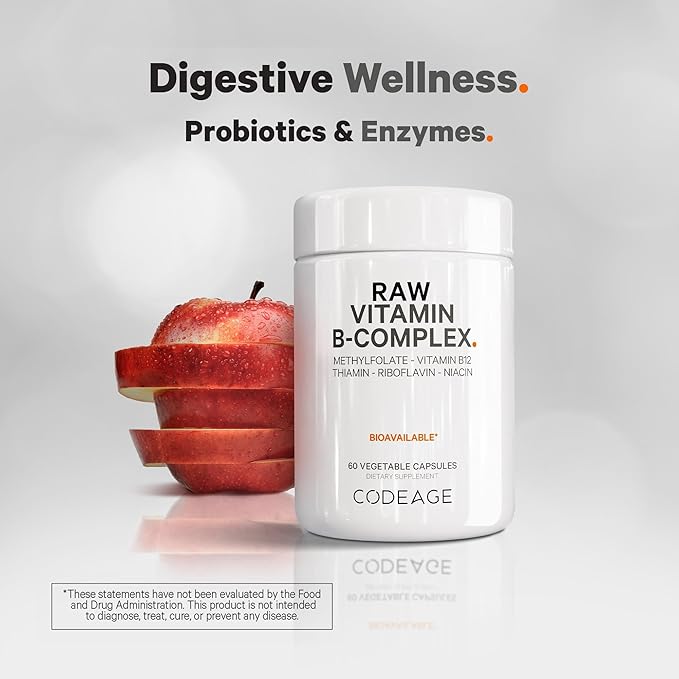 Codeage Raw Vitamin B-Complex Supplement - Essential B Vitamins with Probiotics, Digestive Enzymes, Fruits & Vegetables - 2-Month Supply - Methylfolate - Biotin - Vitamin B12 - Non-GMO - 60 Capsules