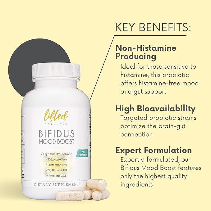 Probiotics 30 Billion CFU - Bifidus Mood Support Supplement w/prebiotics & probiotics for Women and Men - Mood & Digestion Support- Histamine Free - Natural Mood Boost - 60 Days Supply, Non-GMO