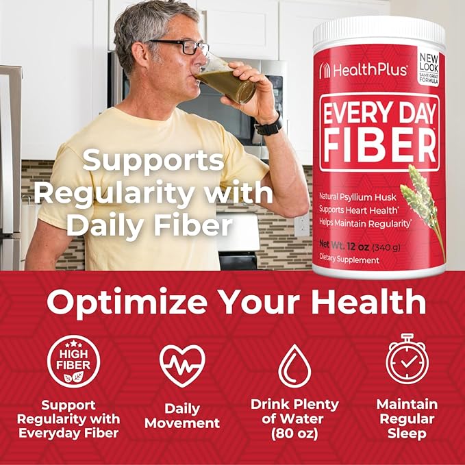 Health Plus Every Day Fiber Digestive Support | All Natural Daily Fiber To Reduce Bloating | Supports Heart Health | 12 Ounces, 48 Servings