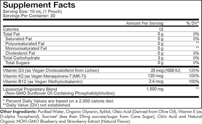 Codeage Liposomal Vitamin D3 Liquid Supplement Sachet, Wonder-D Cholecalciferol Vegan Liquid Multivitamin, Plant-Based Vitamins K2 B12, Non-GMO Phospholipids, Vitamin E, Berry Flavor - 30 Pouches