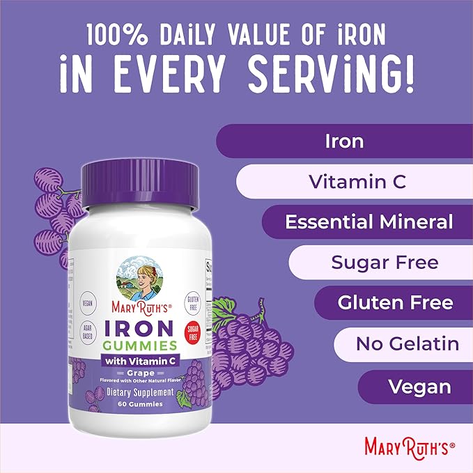MaryRuth Organics Iron Suppleme nt Gummies for Adults | Sugar Free | Gummy Iron Supplements Vitamin C for Ages 14 | Iron Supplement for Iron Deficiency | Immune Support | Vegan | Non-GMO | 60 Count
