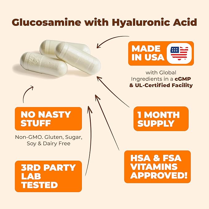 Glucosamine Sulfate with Hyaluronic Acid, Bioperine, MSM & Boswellia. 5-in-One Joint Support Supplement. Antioxidant & Inflammatory Support - Joint Health, Flexibility and Comfort. 60 Capsules