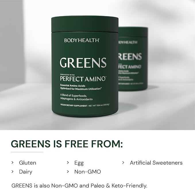 BodyHealth Greens Enhanced with PerfectAmino - Daily Superfood Green Apple Smoothie Powder with Vegetables, Fruit, Antioxidants, Prebiotics, Probiotics, Fiber, and Protein - 30 Servings