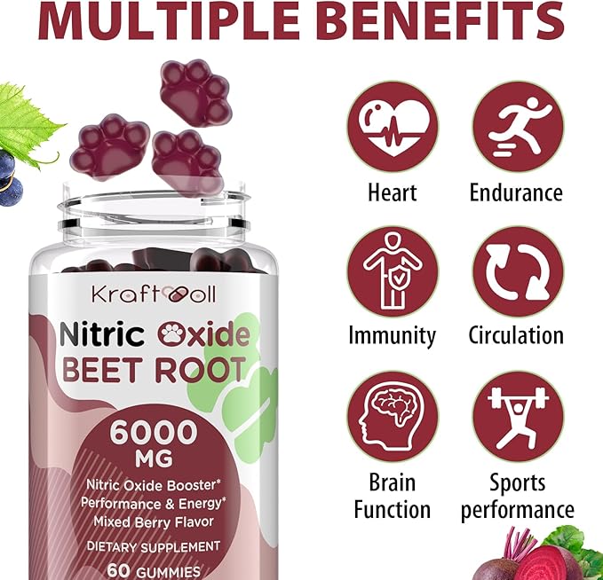 Nitric Oxide Beet Root Gummies 6000MG Supplements, Grapeseed Powder, Pomegranate Powder, Vitamin C and B12 - Beet Chewables Mixed Berry Flavor - 60 Gummies (2 Bottle)