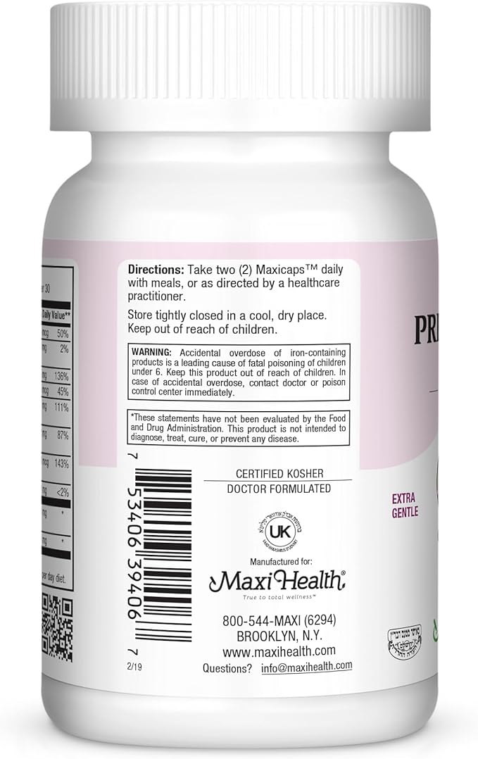 Maxi-Health Small Prenatal Capsules with Methyl Folate - Minerals, Gentle Iron, Vitamins - Kosher, 60 Count
