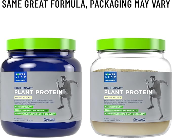 POWERLIFE Tony Horton High Impact Plant Protein Powder with 3000 MG of HMB, Plant-Based, No Sugar Added, Vegan, Keto Friendly, Non-GMO (Vanilla - New Formula)