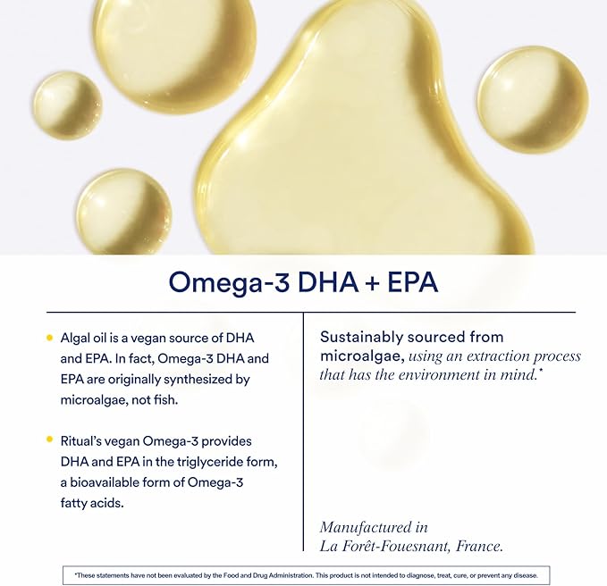 Ritual Omega 3 - Vegan - Science-Backed Dose of DHA & EPA Fatty Acids in 2:1 Ratio, Bioavailable, Brain and Heart Health Support, Minimal Burp-Back, Sustainably Sourced Microalgae, 30 Day Supply