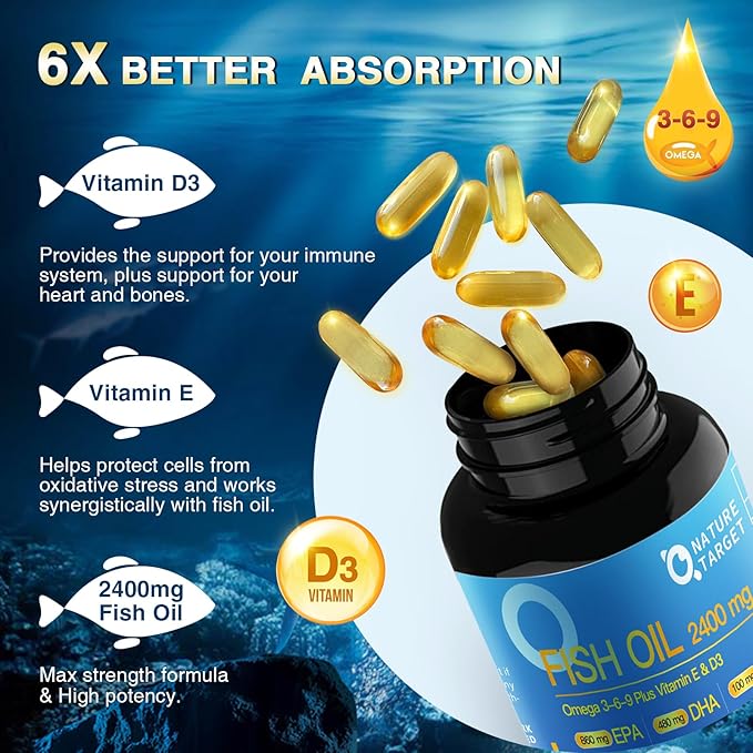 Triple Omega 3 6 9, Fish Oil 2400mg Softgels with Vitamin D3 & E - EPA & DHA & ALA - Supports Heart, Brain, Joint & Immune Health, Sustainably Sourced, Non-GMO