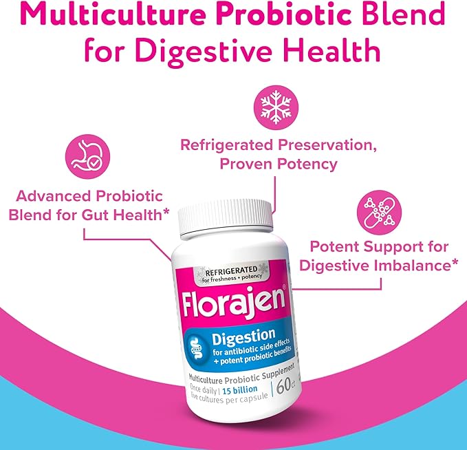 Florajen Digestion Probiotics (Refrigerated) - Advanced Gas & Bloat Supplement with Lactobacillus, Supports Gut Health, Unbloat & Good Flora, Adult Daily Probiotics for Constipation, 60 Count