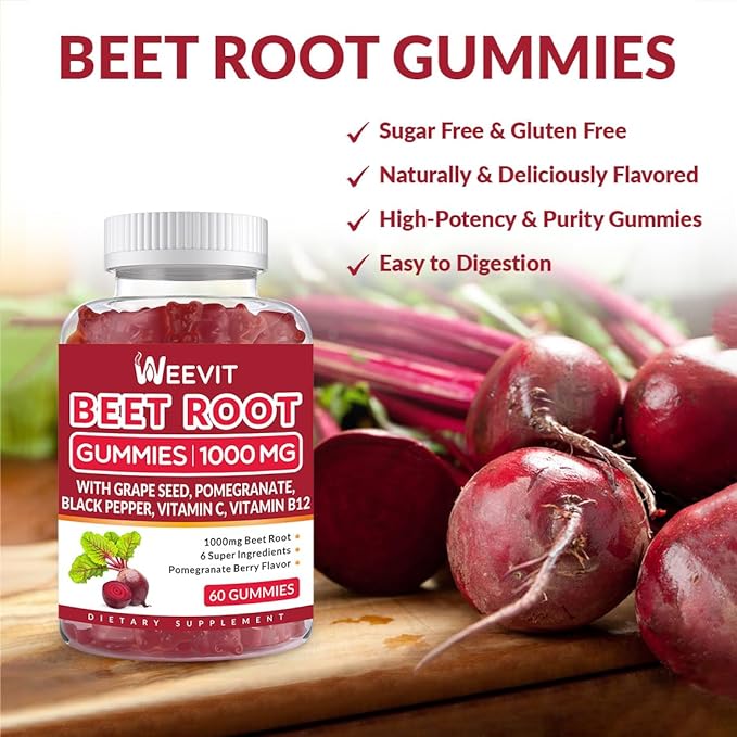 Beet Root Gummies 1000mg, Nitric Oxide Supplement for Men Women | Organic Beet Gummy with Grape Seed, Pomegranate, Black Pepper, Vitamin C, B12 (2-Pack)