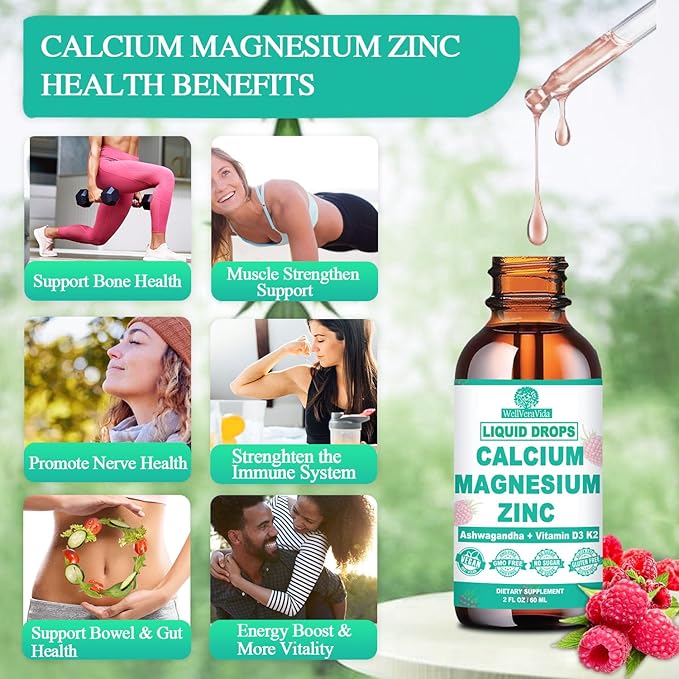Calcium Magnesium Zinc D3 with Calm Magnesium Glycinate Plus Ashwagandha, L-Theanine, Liquid Calcium with Vitamin D3 and Magnesium Supplement for Immune, Bone, Muscle, Mood & Sleep Support
