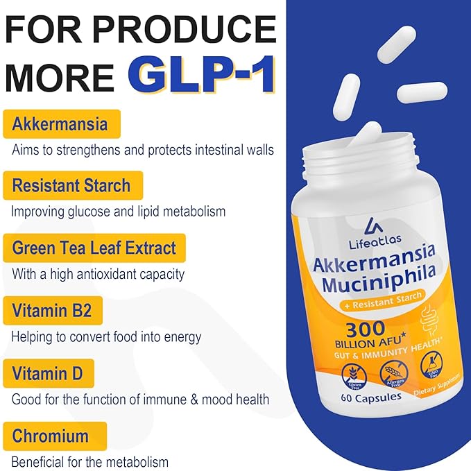 GLP-1 Supplement, 300 Billion AFU Akkermansia Probiotic - Live Akkermansia for GLP-1, Akkermansia Muciniphila for Women & Men, Enhances Gut Digestive Lining Function, Digestive, Gut, Immune, 120 Caps