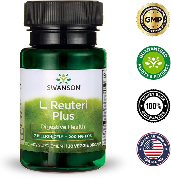 Swanson L. Reuteri Probiotic Plus w/L. Rhamnosus L. Acidophilus & FOS Prebiotic Digestive Support - Promotes Gut Health w/ 7 Billion CFU per Capsule - (30 Veggie Capsules) 2 Pack