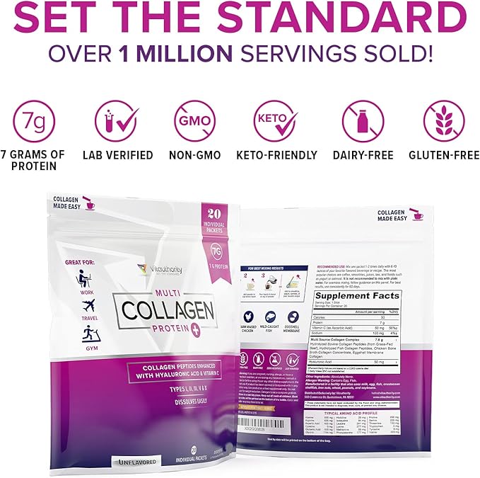Multi Collagen Peptides Plus Hyaluronic Acid and Vitamin C Hydrolyzed Collagen Proteins Types I II III V and X 20 Unflavored Stick Packs