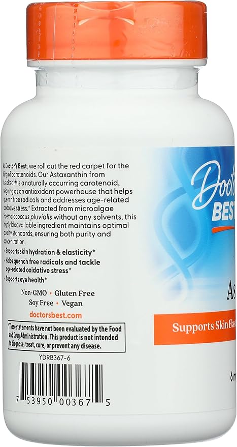 Doctor's Best Astaxanthin, Powerful Antioxidant, Skin, Eye Health, Non-GMO, Gluten Free, Vegan, Soy Free, 6 mg, 90VSG