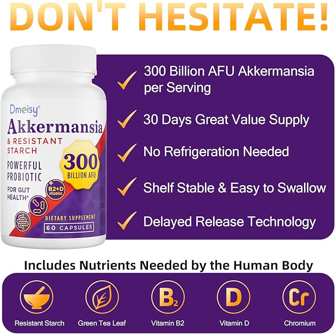 GLP-1 Supplement - 300 Billion AFU Akkermansia Muciniphila, Akkermansia Probiotic for Women & Men, for Boost GLP-1, Digestive, Gut, Immunity, Enhances Gut Lining Function & Intestinal Walls, 120 Count