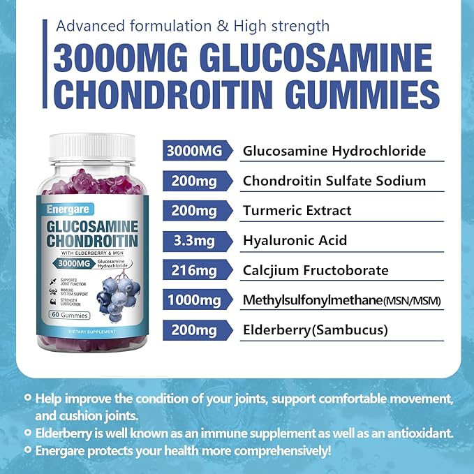 2 Pack 3000mg Glucosamine Chondroitin with MSM Gummies & Elderberry, Extra Strength Joint Support Health, Flexibility, Antioxidant, Immune Supplement Gummy for Adults, Men & Women 120 Counts
