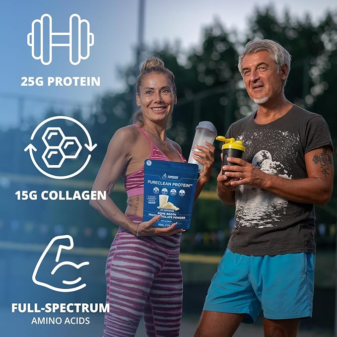 PureClean Protein 25G Organic Grass Fed Beef Bone Broth Protein from Swedish Cattle - Paleo, Keto-Friendly, Gluten-Free, Sugar-Free, Dairy-Free - Enhanced with Collagen Peptides - (6 Bags Unflavored)