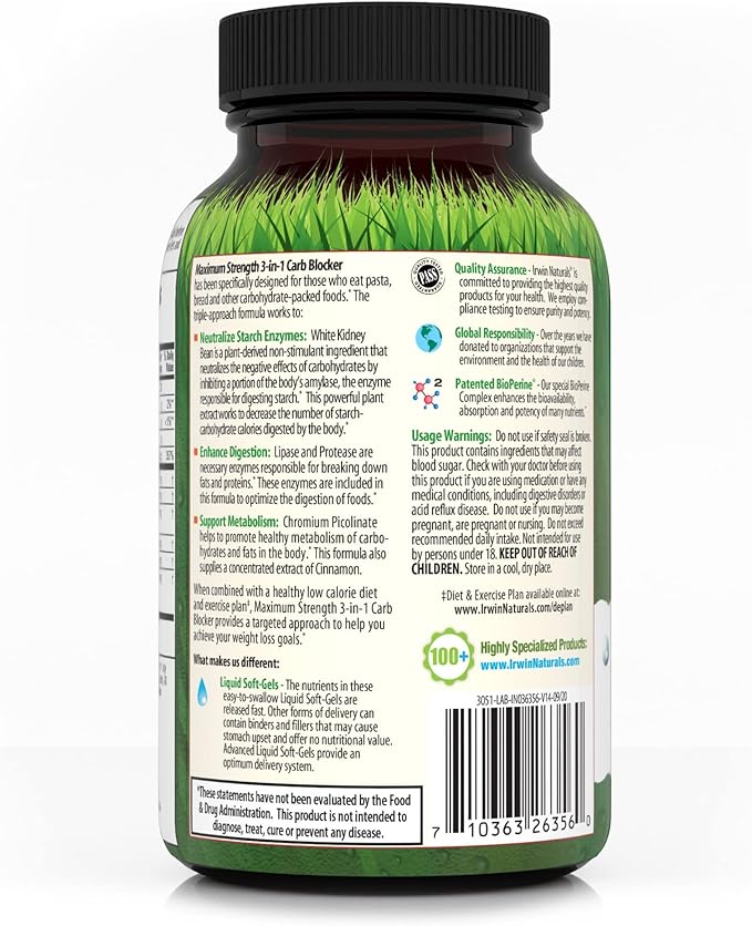 Irwin Naturals Maximum Strength 3-in-1 Carb Blocker - Neutralize Carbohydrates - 75 Liquid Softgels