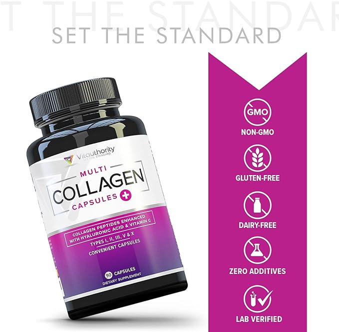 Vitauthority Multi Collagen Pills for Women and Men High Absorption Hydrolyzed Collagen Peptides Capsules for Hair Skin and Nails with Types I II III V X Hyaluronic Acid and Vitamin C - 30 Servings