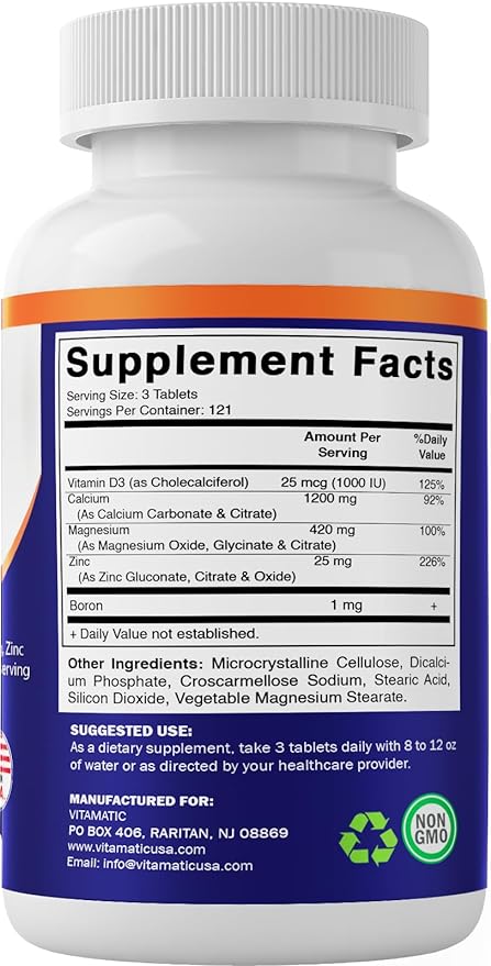 Vitamatic Calcium Magnesium Zinc D3 Boron | 365 Coated Tablets Supplement | Calcium 1200 mg, Magnesium 420mg, Zinc 25mg, Vitamin D3 1000 IU, Boron 1 mg | Non-GMO | Gluten Free | Made in USA