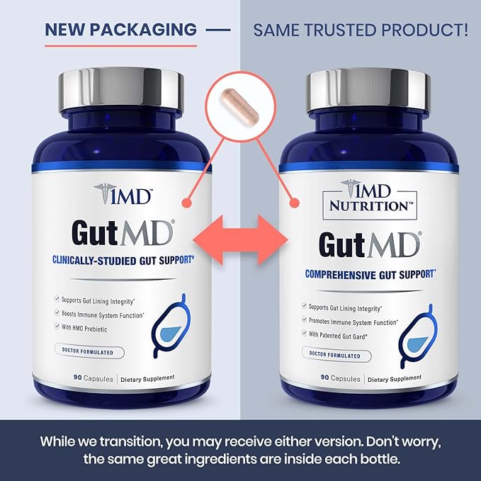 1MD Nutrition GutMD - L-Glutamine Capsules w/Prebiotic for Gut Health - L Glutamine Supplement - Supports Healthy Digestive Tract Integrity - 90 Capsules